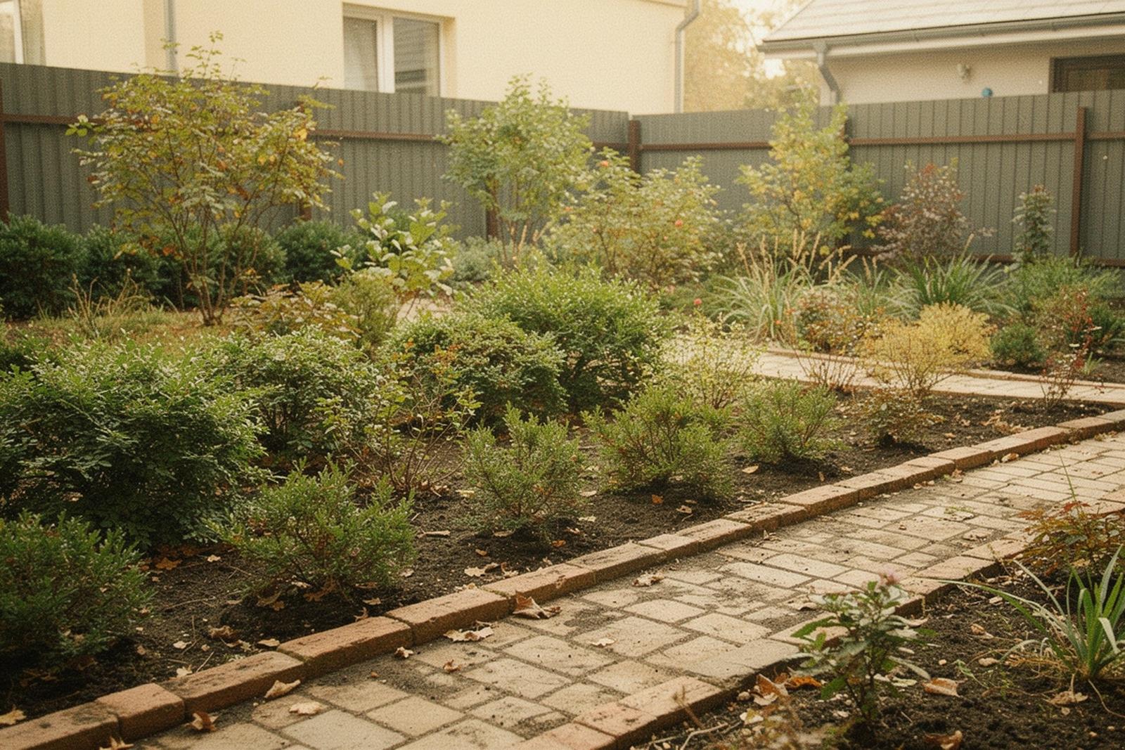 Courtyard garden planting with layered shrubs and a clean path