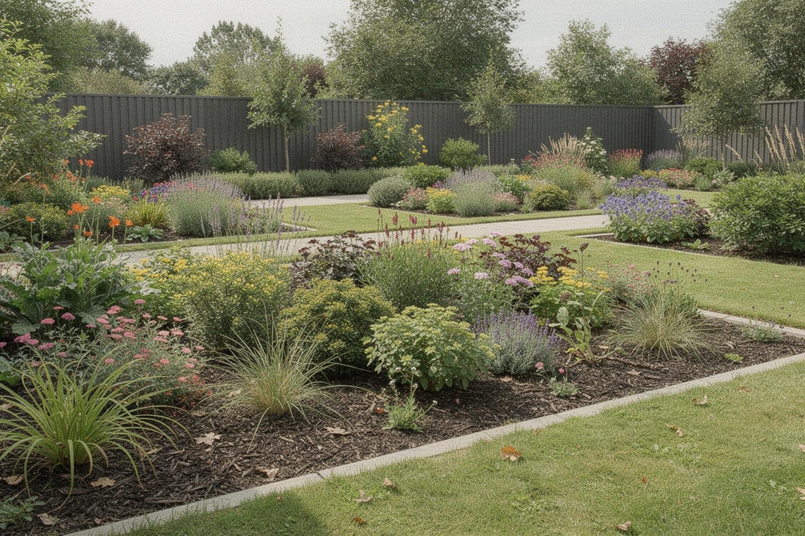 Garden beds with seasonal color accents and maintained borders